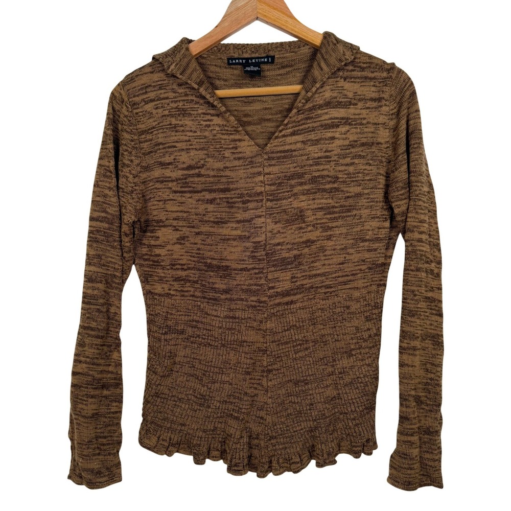 Larry Levine Sweater Women Medium Brown Marled V-Neck Ruffle Hem Knit Top